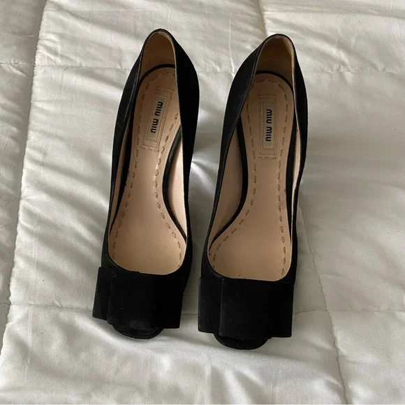 Miu Miu Black Suede Bow Peep Toe Pump - Picture 1 of 8